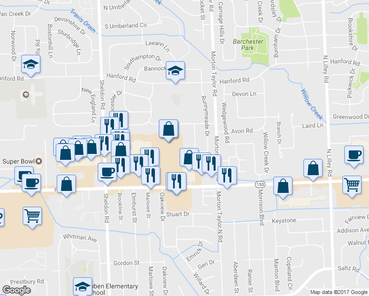 map of restaurants, bars, coffee shops, grocery stores, and more near 43710 Ford Rd in Canton