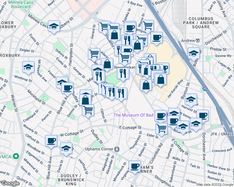 map of restaurants, bars, coffee shops, grocery stores, and more near 130 Shirley Street in Boston