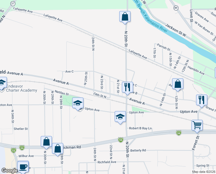 map of restaurants, bars, coffee shops, grocery stores, and more near 447 22nd Street North in Springfield