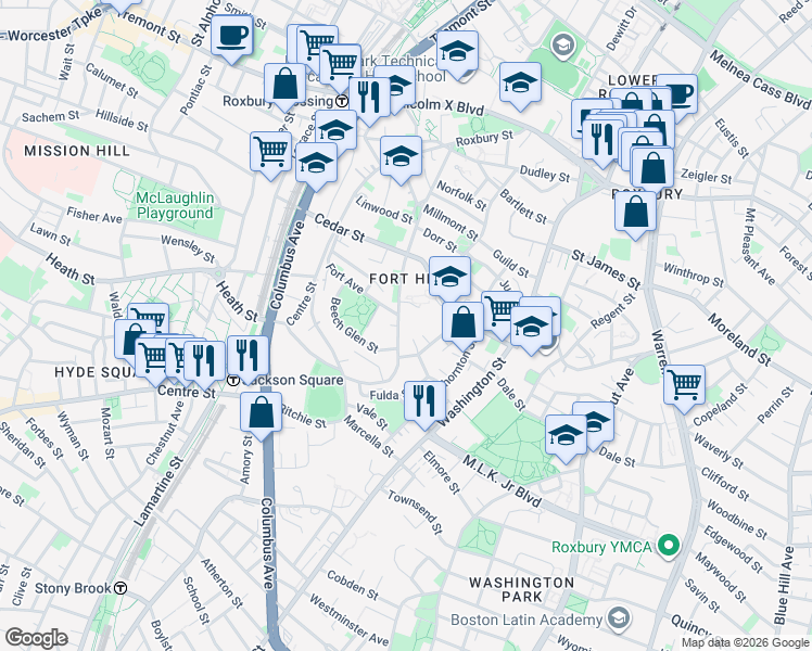 map of restaurants, bars, coffee shops, grocery stores, and more near in Boston