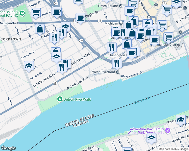 map of restaurants, bars, coffee shops, grocery stores, and more near 1030 West Jefferson Avenue in Detroit