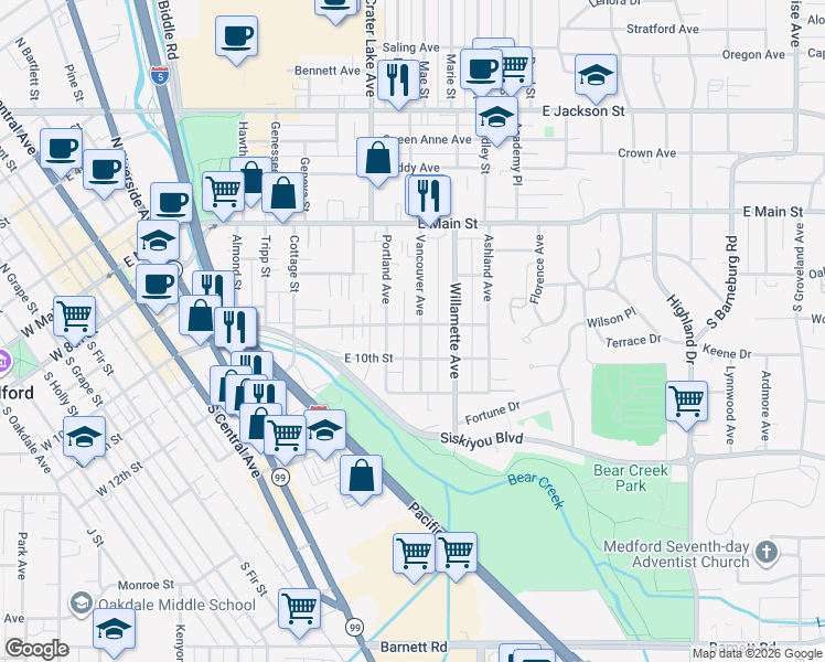 map of restaurants, bars, coffee shops, grocery stores, and more near 124 Vancouver Avenue in Medford