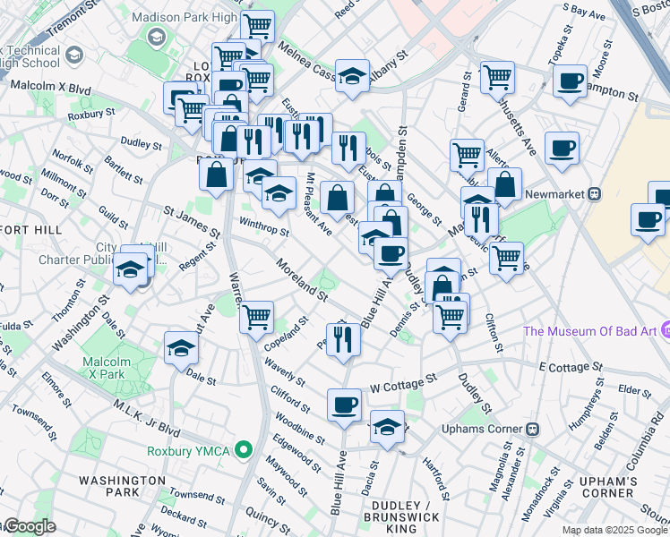 map of restaurants, bars, coffee shops, grocery stores, and more near 98 Mount Pleasant Avenue in Boston