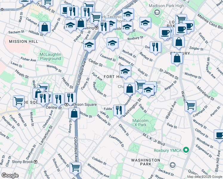 map of restaurants, bars, coffee shops, grocery stores, and more near 17 Fort Avenue in Boston