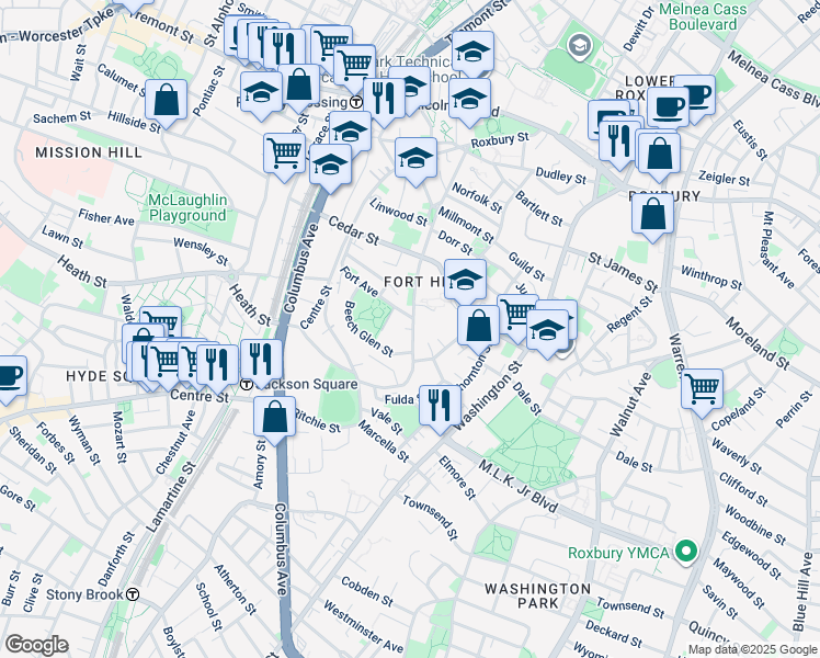 map of restaurants, bars, coffee shops, grocery stores, and more near 17 Fort Avenue in Boston
