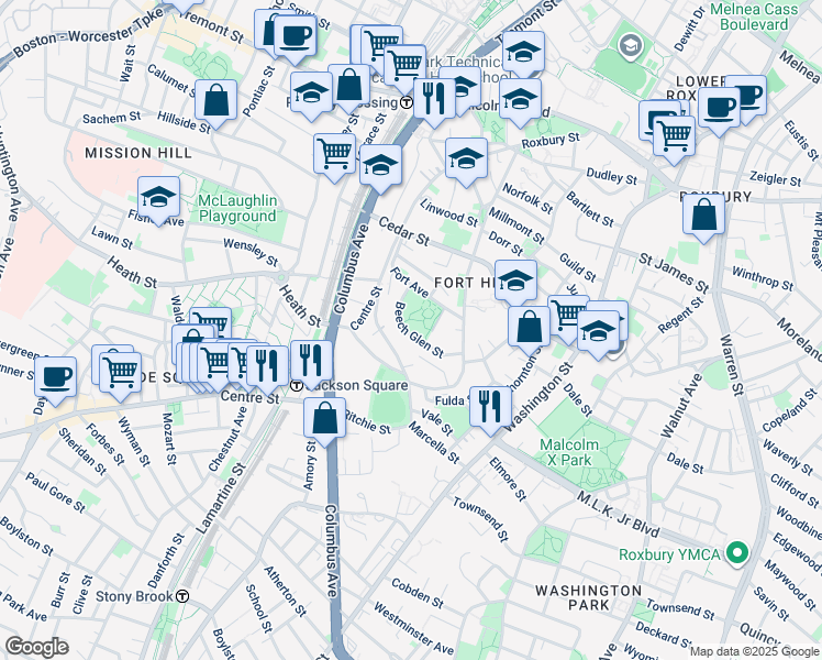 map of restaurants, bars, coffee shops, grocery stores, and more near 21 Beech Glen Street in Boston