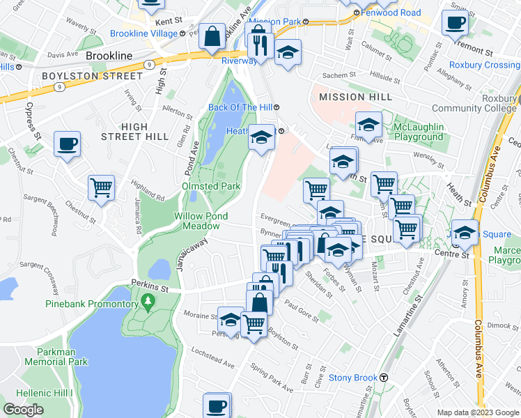 map of restaurants, bars, coffee shops, grocery stores, and more near 226 South Huntington Avenue in Boston