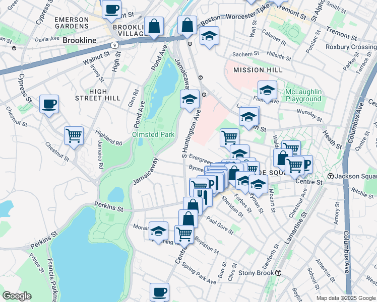 map of restaurants, bars, coffee shops, grocery stores, and more near 226 South Huntington Avenue in Boston