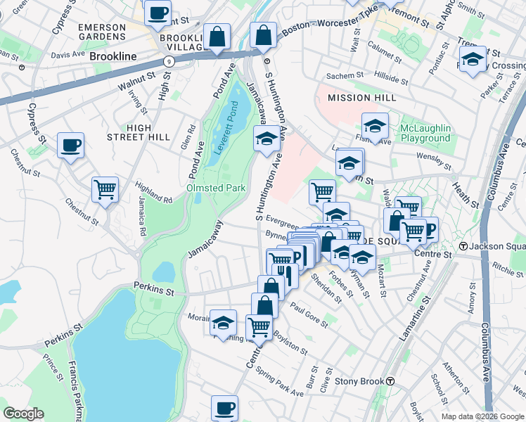 map of restaurants, bars, coffee shops, grocery stores, and more near 226 South Huntington Avenue in Boston