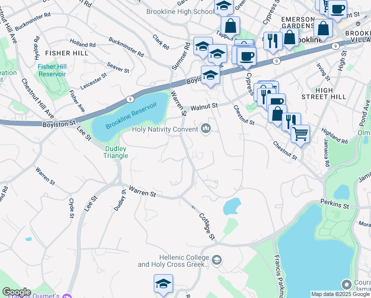 map of restaurants, bars, coffee shops, grocery stores, and more near 38 Welch Road in Brookline