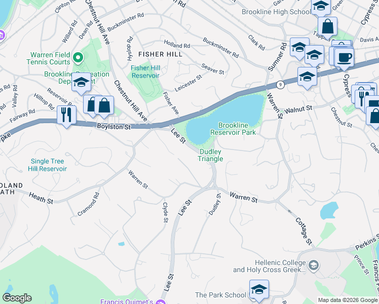 map of restaurants, bars, coffee shops, grocery stores, and more near 75 Lee Street in Brookline