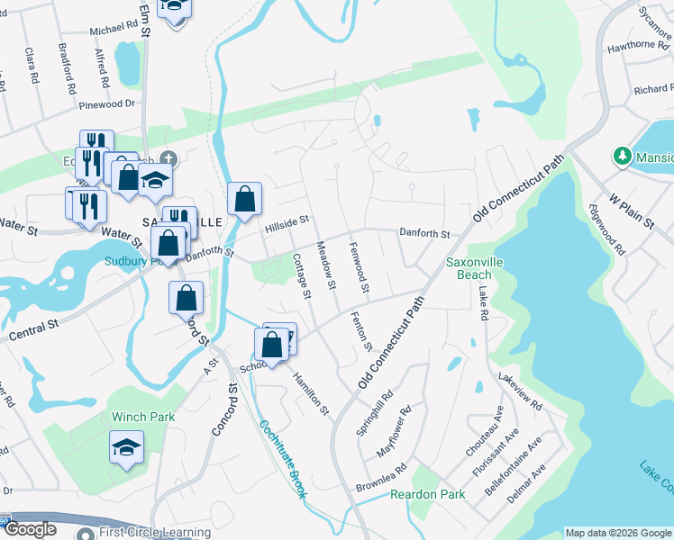 map of restaurants, bars, coffee shops, grocery stores, and more near 67 Meadow Street in Framingham