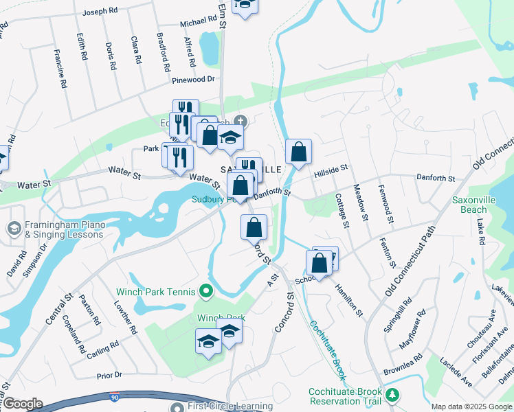 map of restaurants, bars, coffee shops, grocery stores, and more near 18 Danforth Street in Framingham