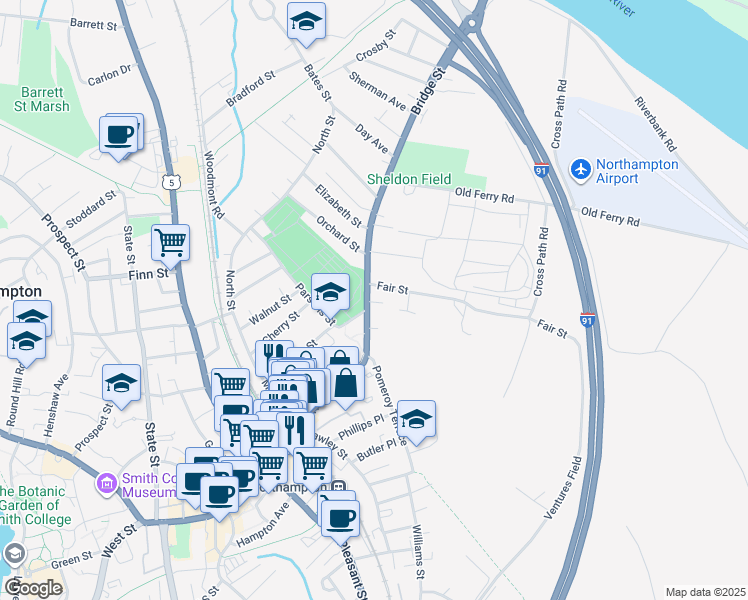 map of restaurants, bars, coffee shops, grocery stores, and more near 169 Bridge Street in Northampton