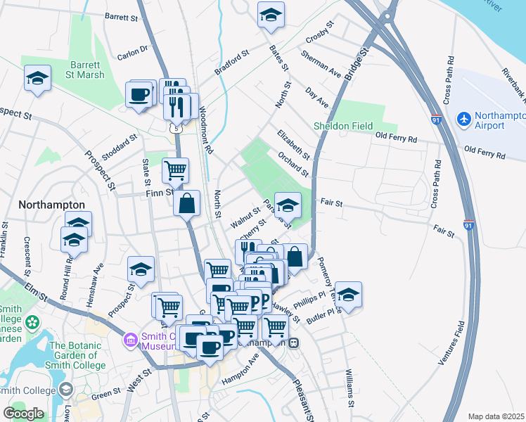 map of restaurants, bars, coffee shops, grocery stores, and more near 34 Parsons Street in Northampton