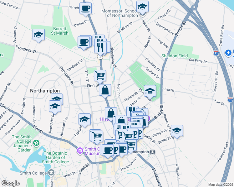 map of restaurants, bars, coffee shops, grocery stores, and more near 68 North Street in Northampton
