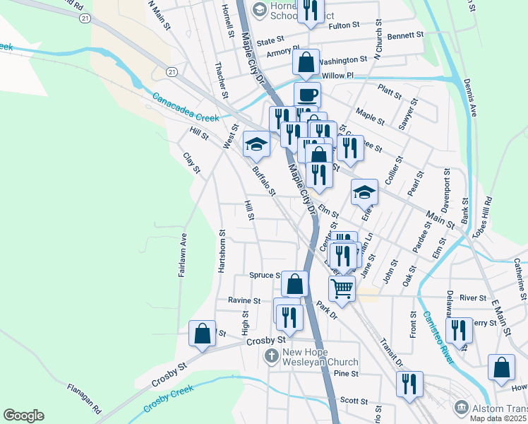 map of restaurants, bars, coffee shops, grocery stores, and more near 56 Cass Street in Hornell