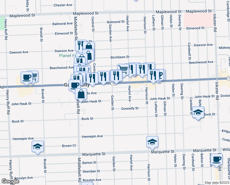 map of restaurants, bars, coffee shops, grocery stores, and more near 28799 Ford Road in Garden City