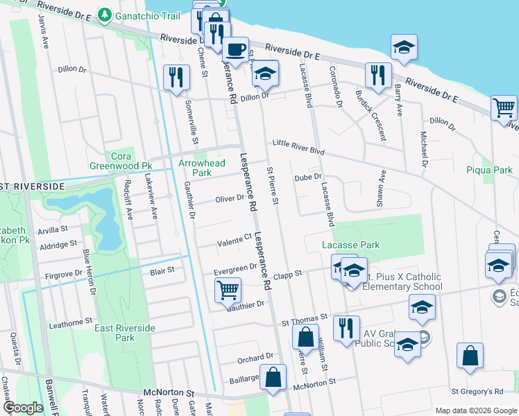 map of restaurants, bars, coffee shops, grocery stores, and more near 405 Saint Pierre Street in Windsor