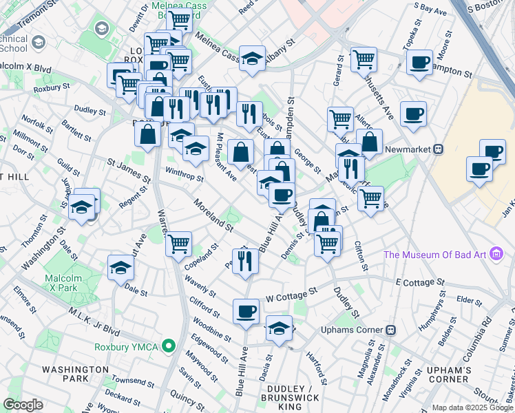 map of restaurants, bars, coffee shops, grocery stores, and more near 98 Mount Pleasant Avenue in Boston