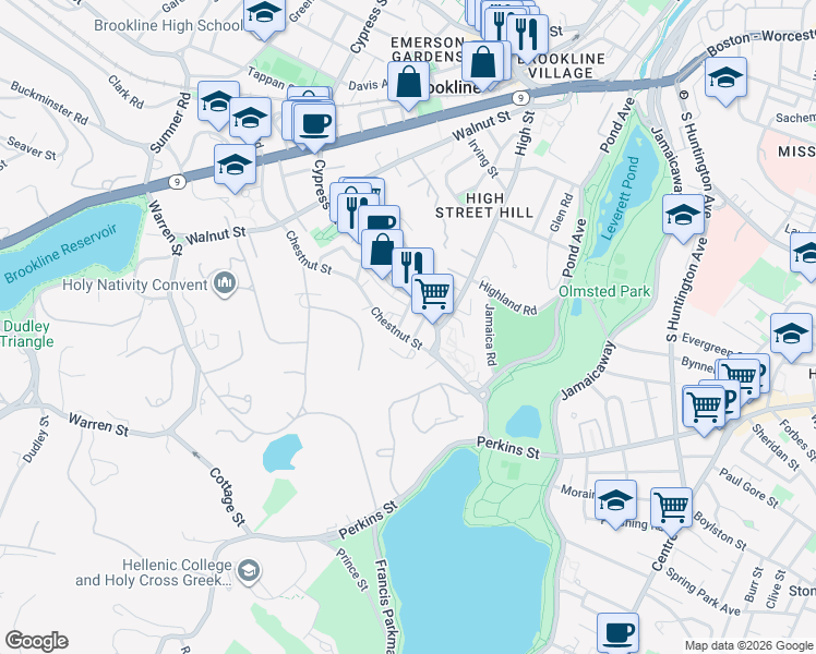 map of restaurants, bars, coffee shops, grocery stores, and more near 114 Franklin Street in Brookline