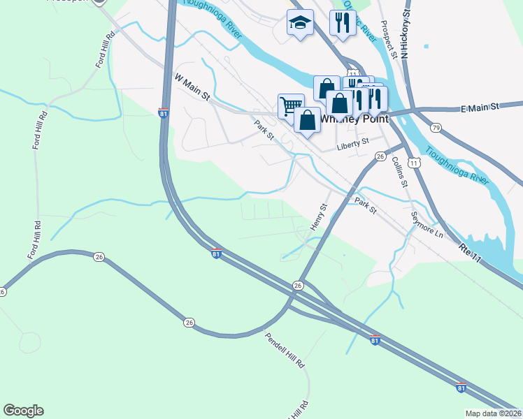 map of restaurants, bars, coffee shops, grocery stores, and more near Trailer Park in Whitney Point