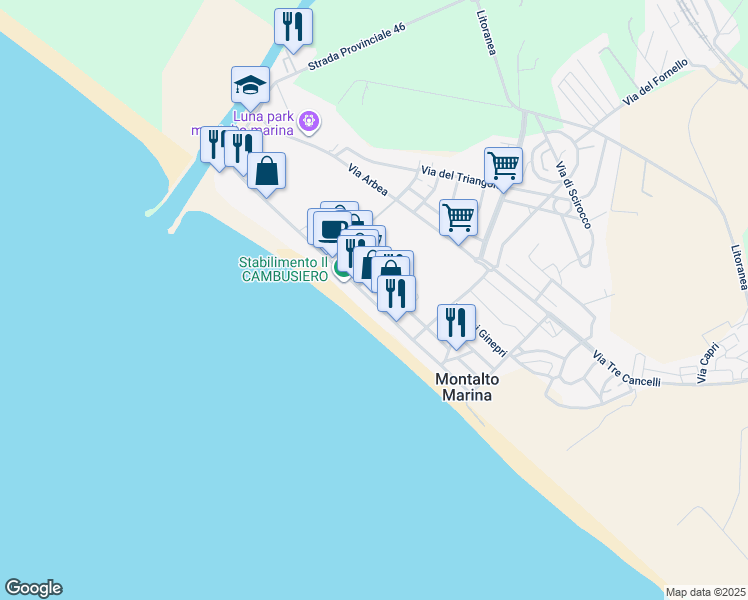 map of restaurants, bars, coffee shops, grocery stores, and more near 109 Lungomare Harmine in Montalto Marina