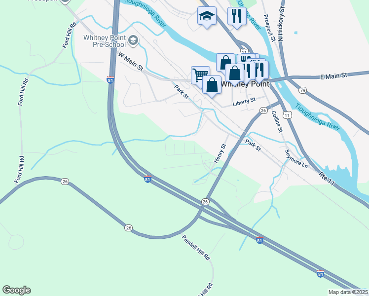 map of restaurants, bars, coffee shops, grocery stores, and more near Trailer Park in Whitney Point