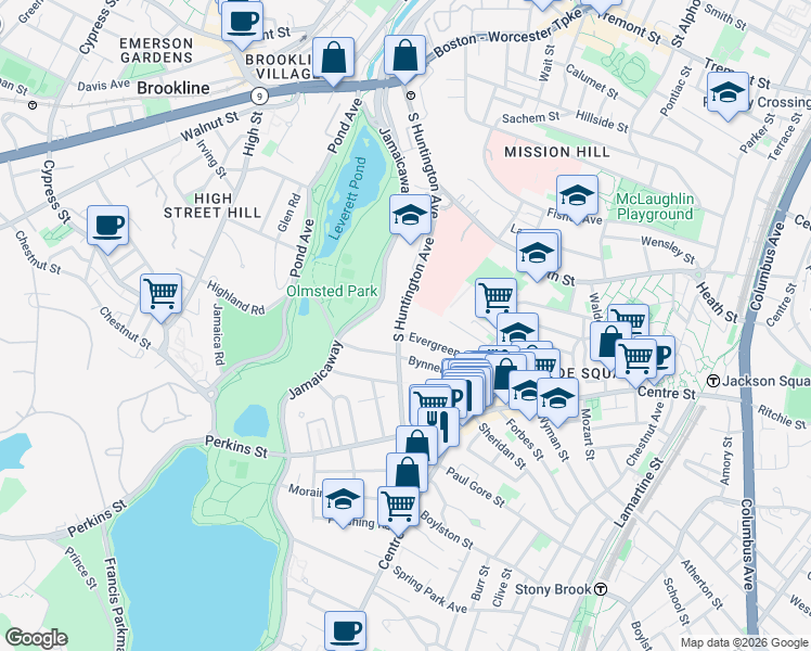 map of restaurants, bars, coffee shops, grocery stores, and more near 226 South Huntington Avenue in Boston