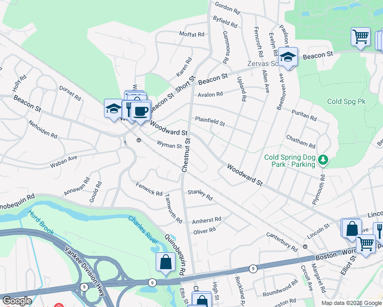 map of restaurants, bars, coffee shops, grocery stores, and more near 712 Chestnut Street in Newton