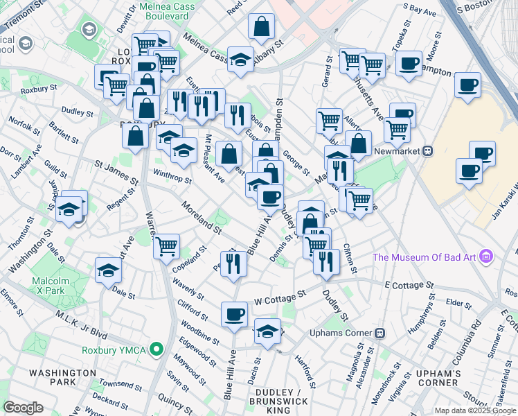 map of restaurants, bars, coffee shops, grocery stores, and more near 140 Mount Pleasant Avenue in Boston