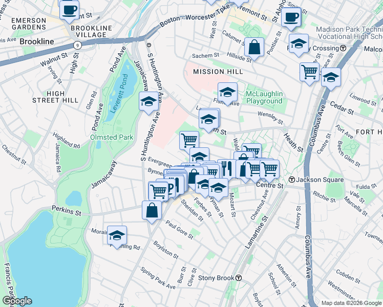 map of restaurants, bars, coffee shops, grocery stores, and more near 23 Day Street in Boston