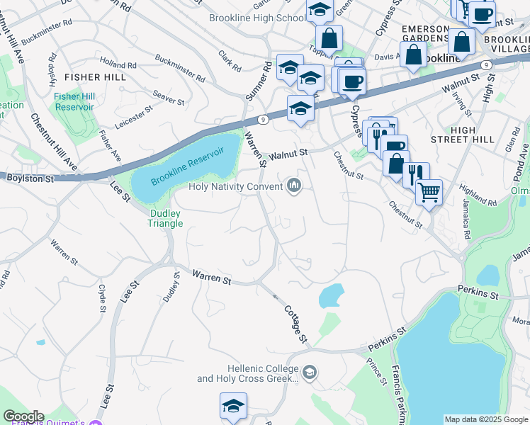 map of restaurants, bars, coffee shops, grocery stores, and more near 38 Welch Road in Brookline