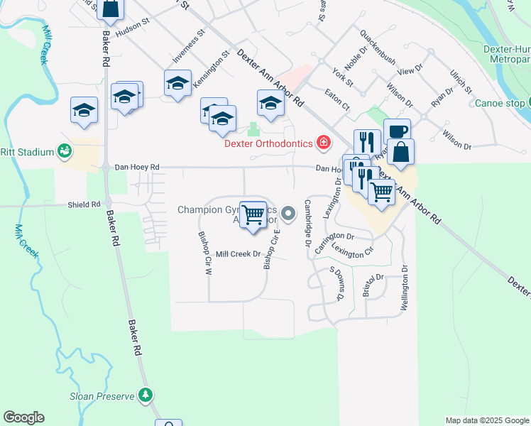 map of restaurants, bars, coffee shops, grocery stores, and more near 2467 Bishop Circle West in Dexter