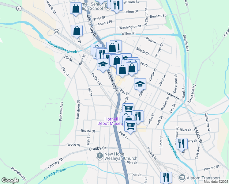 map of restaurants, bars, coffee shops, grocery stores, and more near 38 Broadway in Hornell