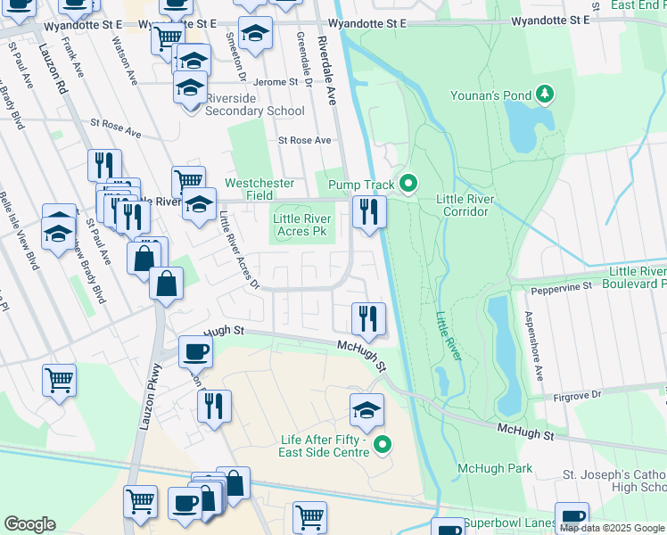 map of restaurants, bars, coffee shops, grocery stores, and more near 1127 Aire Place in Windsor