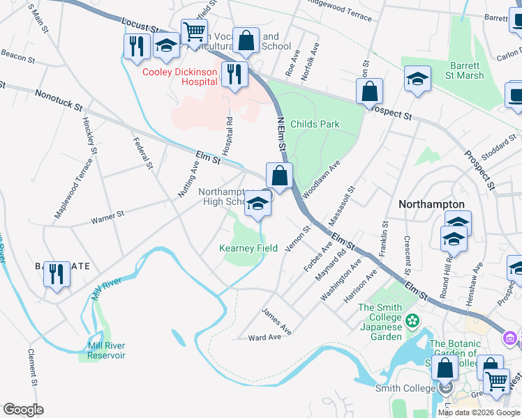 map of restaurants, bars, coffee shops, grocery stores, and more near 380 Elm Street in Northampton