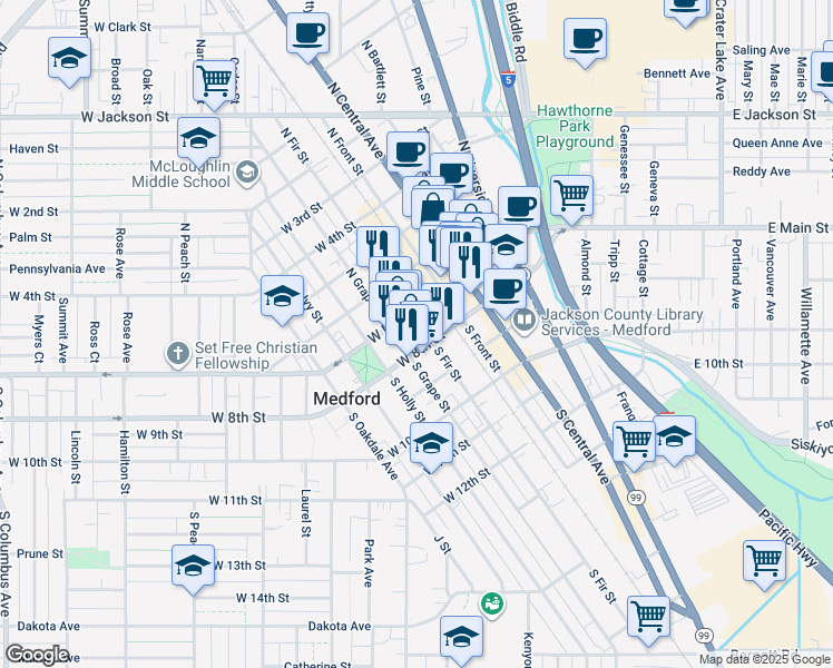 map of restaurants, bars, coffee shops, grocery stores, and more near 25 South Fir Street in Medford