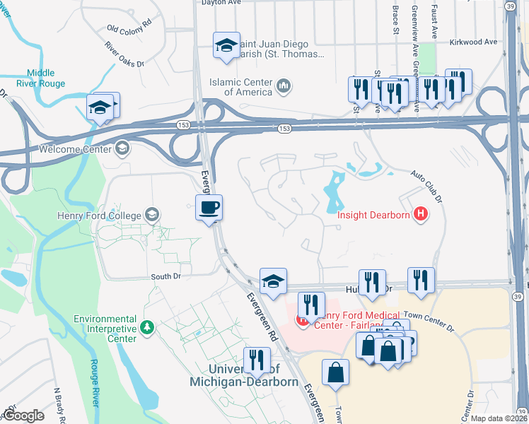 map of restaurants, bars, coffee shops, grocery stores, and more near 5224 Royal Vale Lane in Dearborn