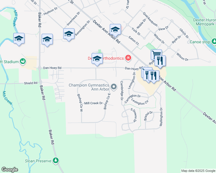map of restaurants, bars, coffee shops, grocery stores, and more near 2467 Bishop Circle West in Dexter