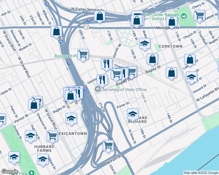 map of restaurants, bars, coffee shops, grocery stores, and more near 2715 Bagley Avenue in Detroit