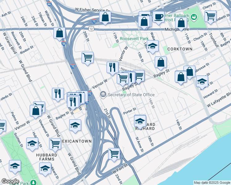 map of restaurants, bars, coffee shops, grocery stores, and more near 2715 Bagley Avenue in Detroit