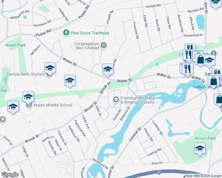 map of restaurants, bars, coffee shops, grocery stores, and more near 374R Water Street in Framingham