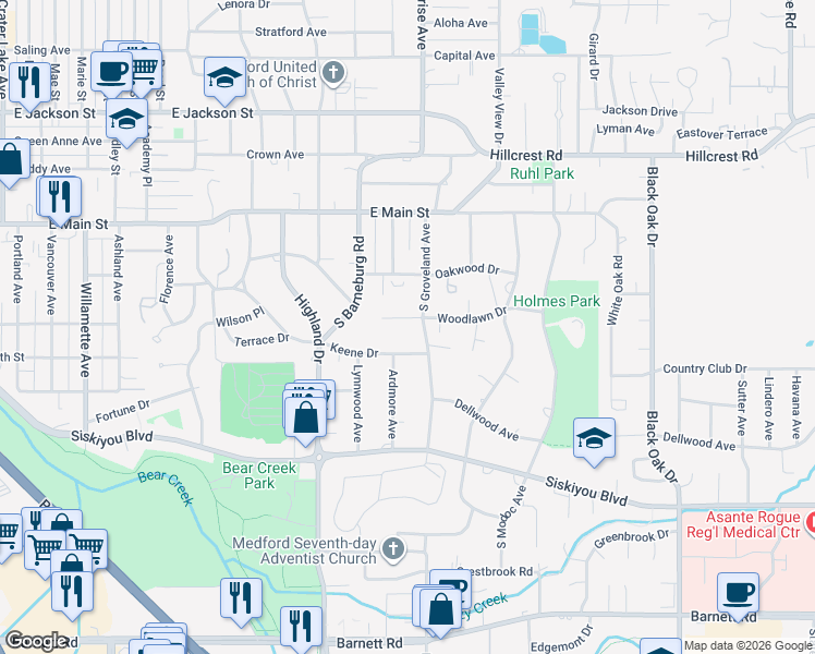 map of restaurants, bars, coffee shops, grocery stores, and more near 2016 Woodlawn Drive in Medford