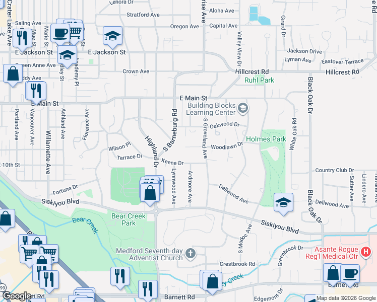 map of restaurants, bars, coffee shops, grocery stores, and more near 2000 Oakwood Drive in Medford