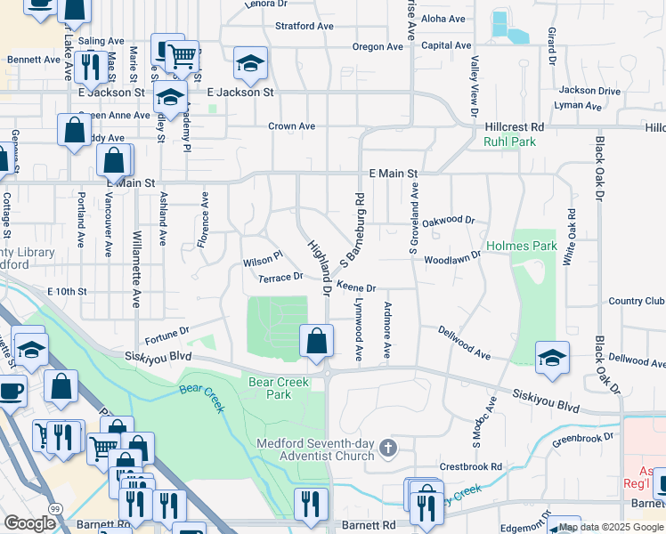 map of restaurants, bars, coffee shops, grocery stores, and more near 147 Highland Drive in Medford