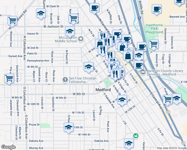 map of restaurants, bars, coffee shops, grocery stores, and more near 405 West 5th Street in Medford