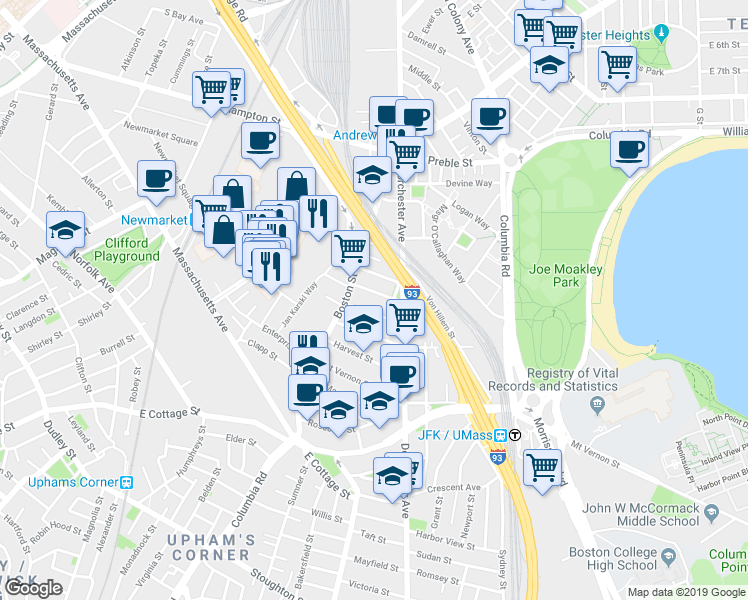map of restaurants, bars, coffee shops, grocery stores, and more near 26 Washburn Street in Boston