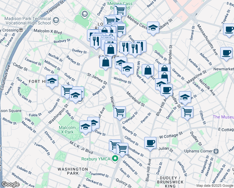 map of restaurants, bars, coffee shops, grocery stores, and more near 23 Moreland Street in Boston