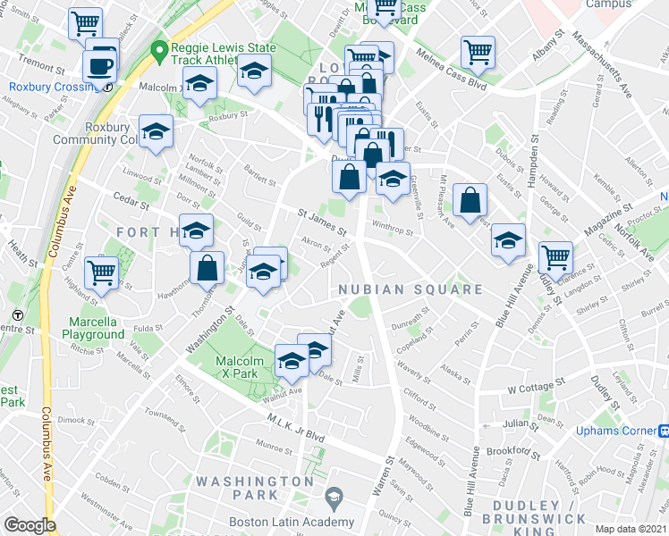 map of restaurants, bars, coffee shops, grocery stores, and more near 19 Akron Street in Boston